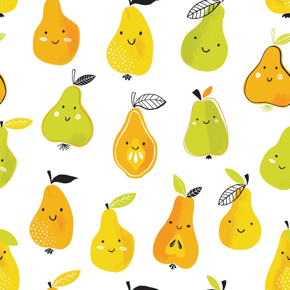 Funny pear vector pattern. Seamless background with colorful summer fruits with faces.