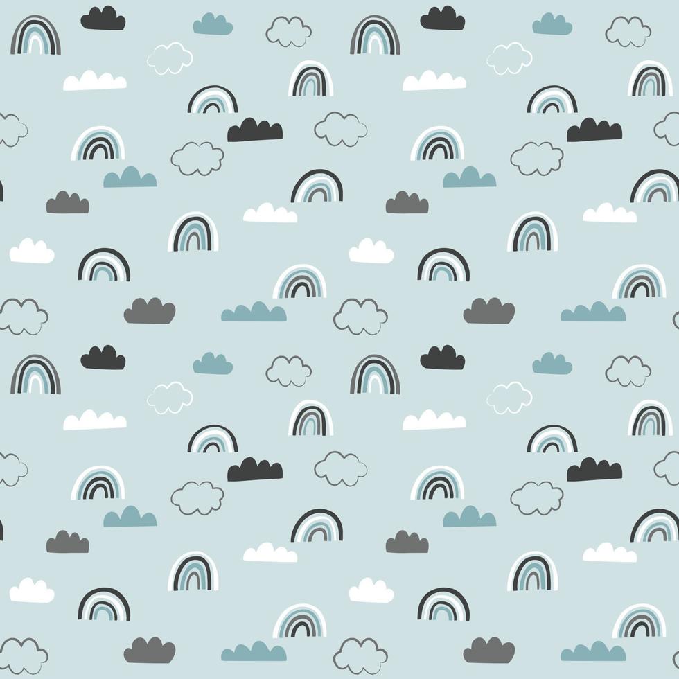 Rainy day doodle pattern. Vector seamless background with hand drawn rainbows and clouds.