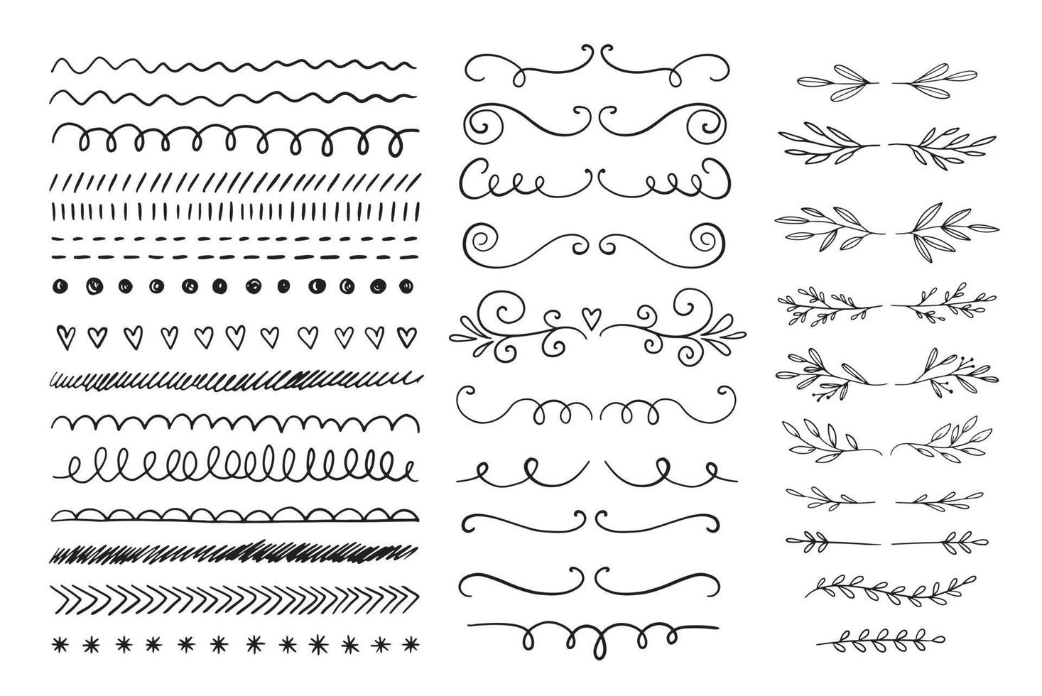 divisores vectoriales dibujados a mano. conjunto de líneas, bordes y laureles. elementos de diseño de garabatos. vector