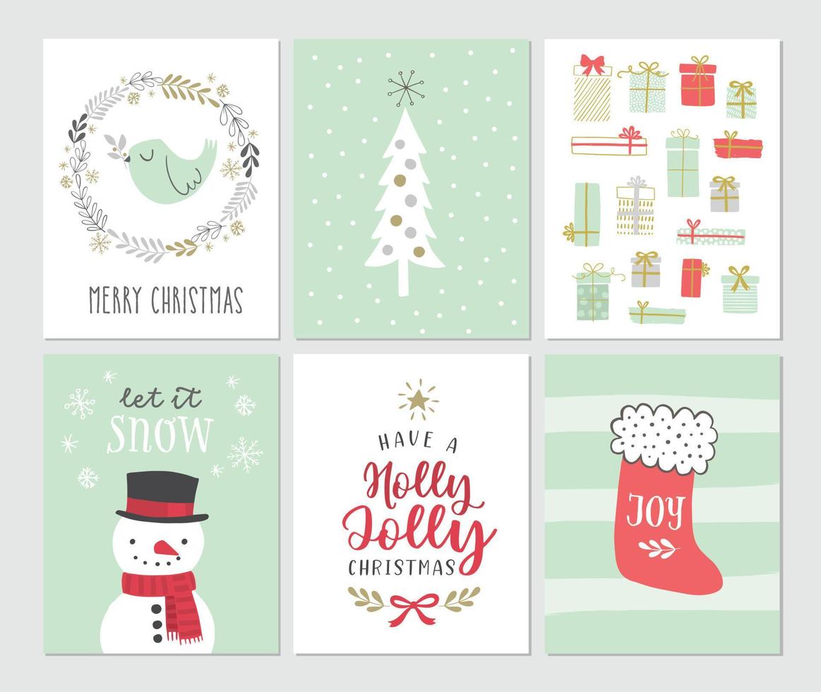 Cute Christmas cards set. Hand drawn illustrations and greetings. Vector illustration of bird, peace dove, snowman, stocking, christmas tree, snowflakes, winter wreath, gift boxes.