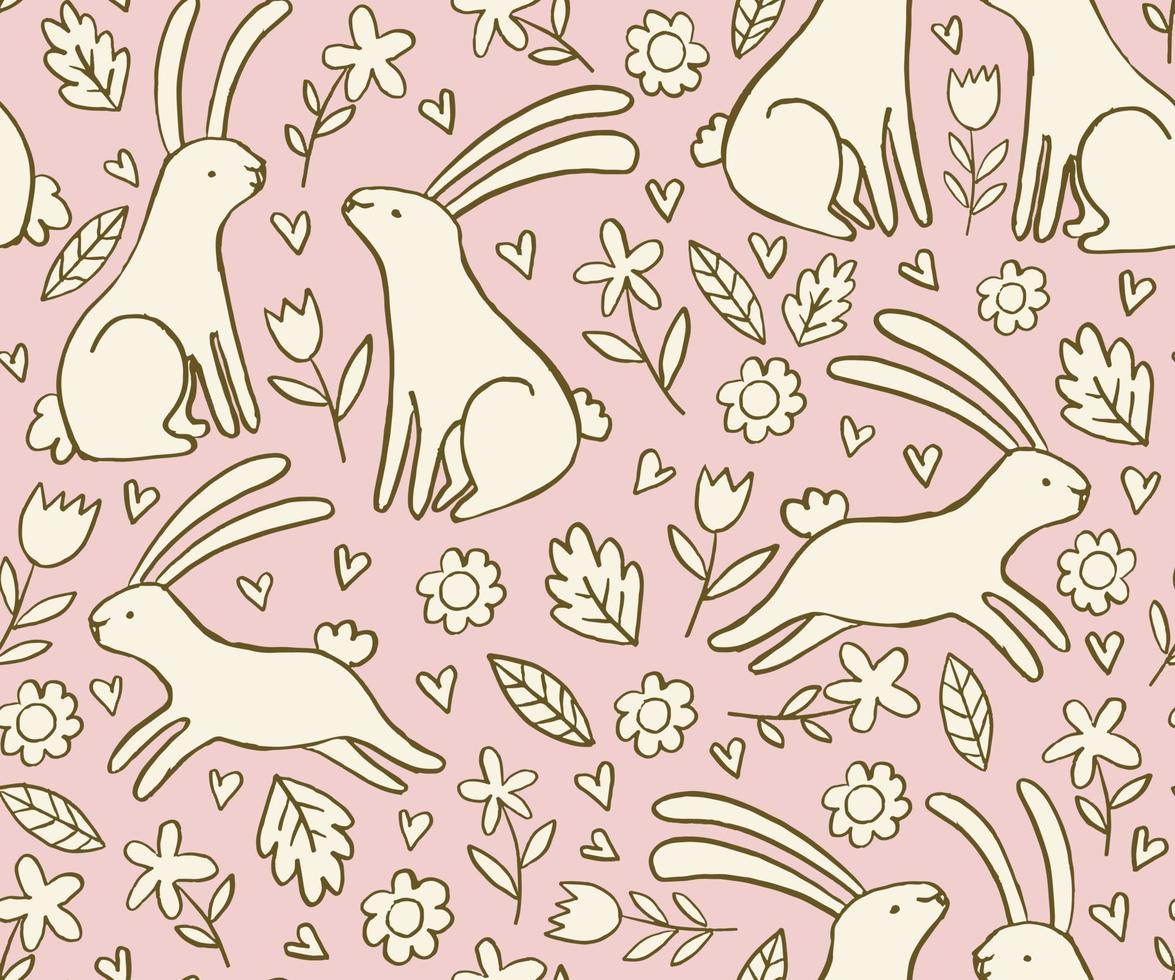 Hand drawn pattern with rabbits and flowers. Doodle floral spring vector pattern with rabbits and flowers.