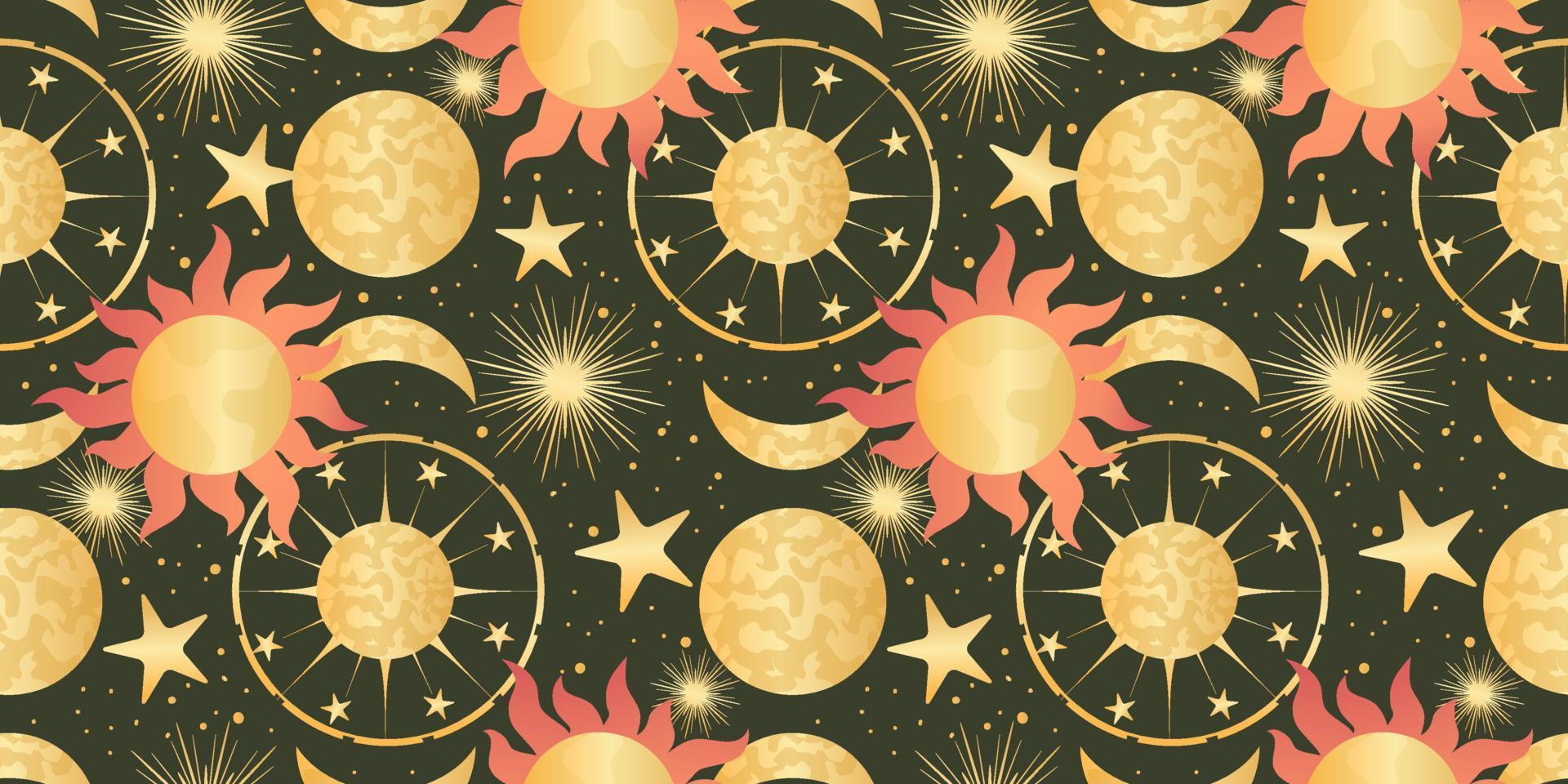 Celestial seamless pattern with sun, moon and stars. Magic astrology in boho vintage style. Mystical pagan golden sun with planets and moon phases. Vector illustration
