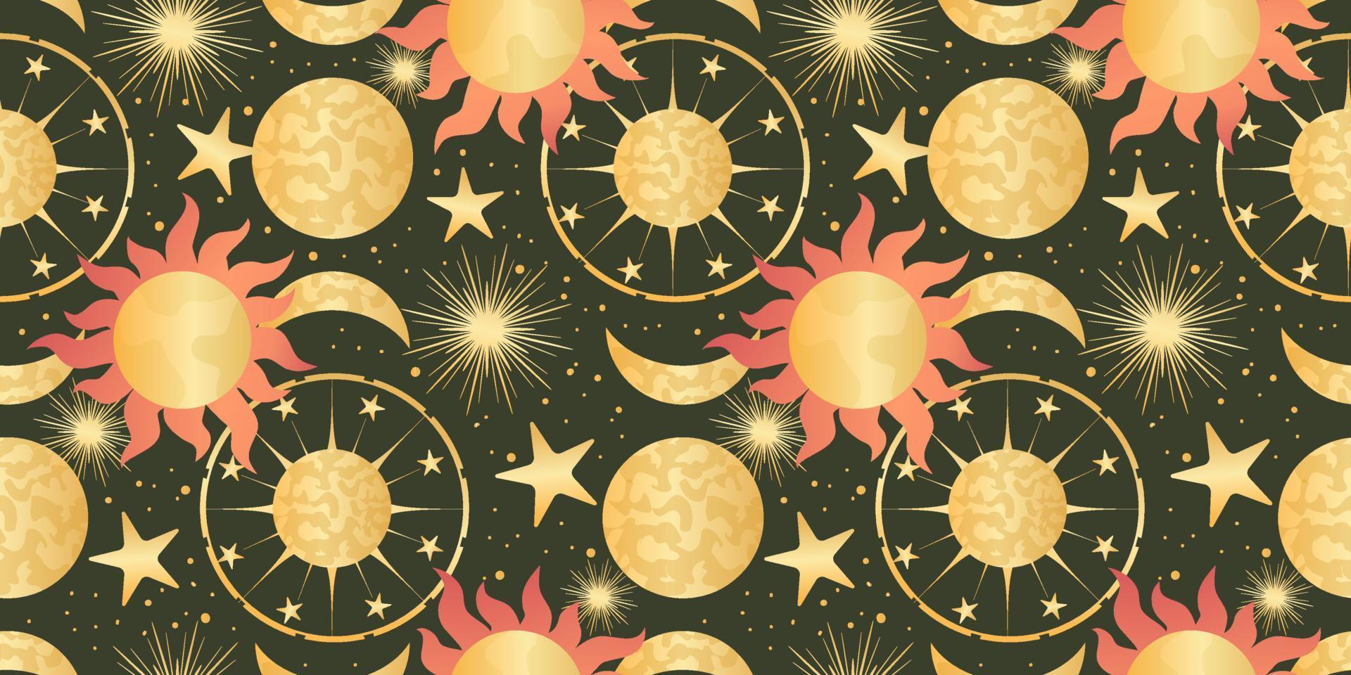 patrón celestial sin costuras con sol, luna y estrellas. astrología mágica en estilo vintage boho. místico sol dorado pagano con planetas y fases lunares. ilustración vectorial vector