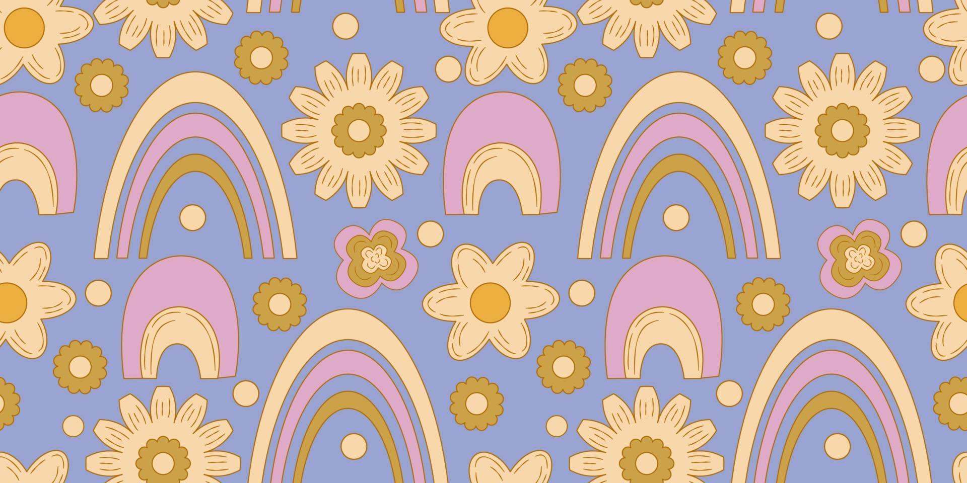 Groovy y2k retro seamless pattern with daisy flower, rainbow. Retro vector illustration. Groovy flower background. Colorful hippie seamless pattern illustration.