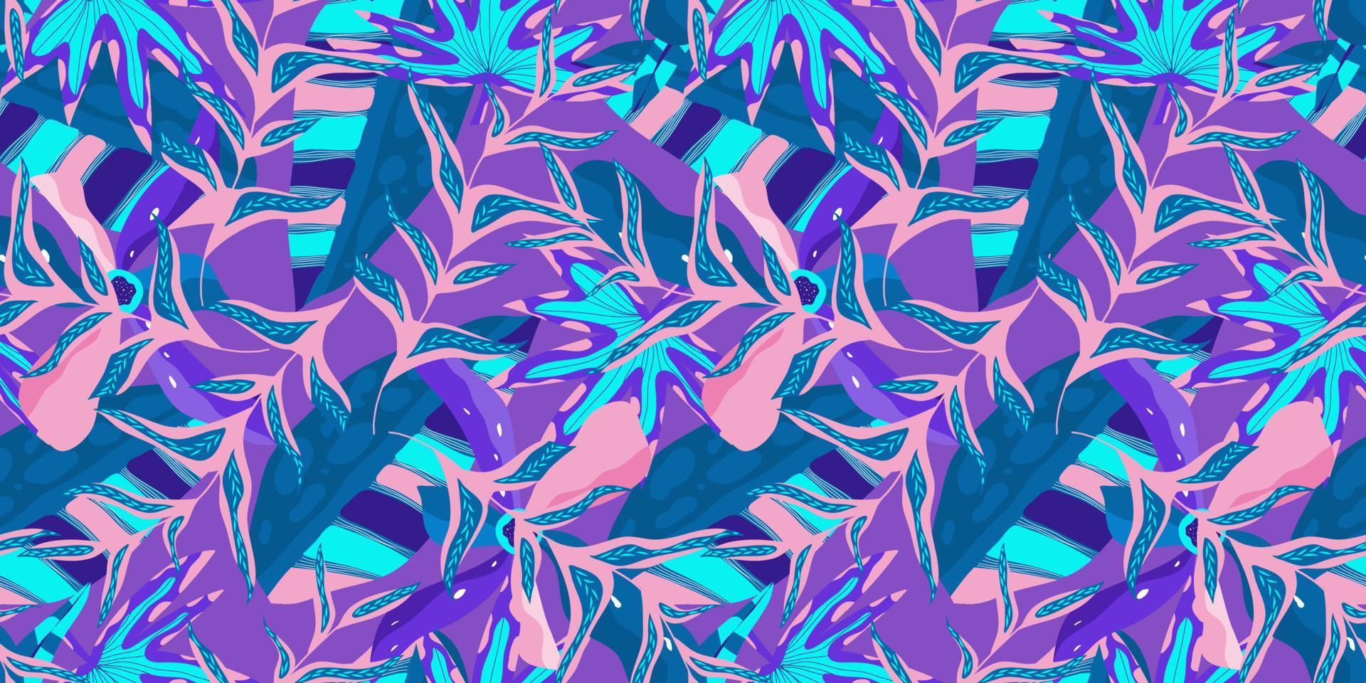 Patrón transparente floral tropical de neón sobre fondo púrpura. neón floral para un diseño de verano brillante. selva tropical en estilo abstracto sobre fondo azul vector