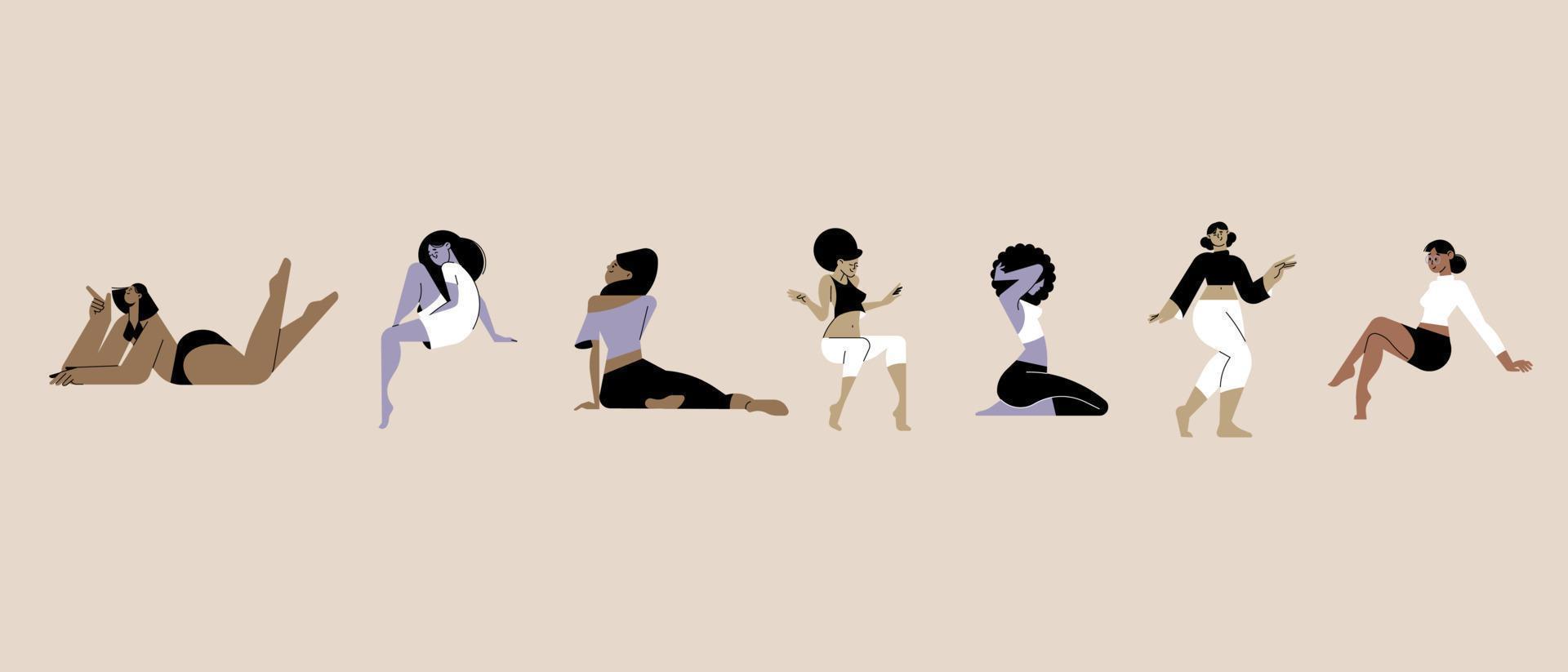 Women in different poses, rest, relax, enjoy free time. Vector illustration concepts of freedom, happiness, enjoyment of life for graphic and web design, marketing, beauty, fashion and healthy life.