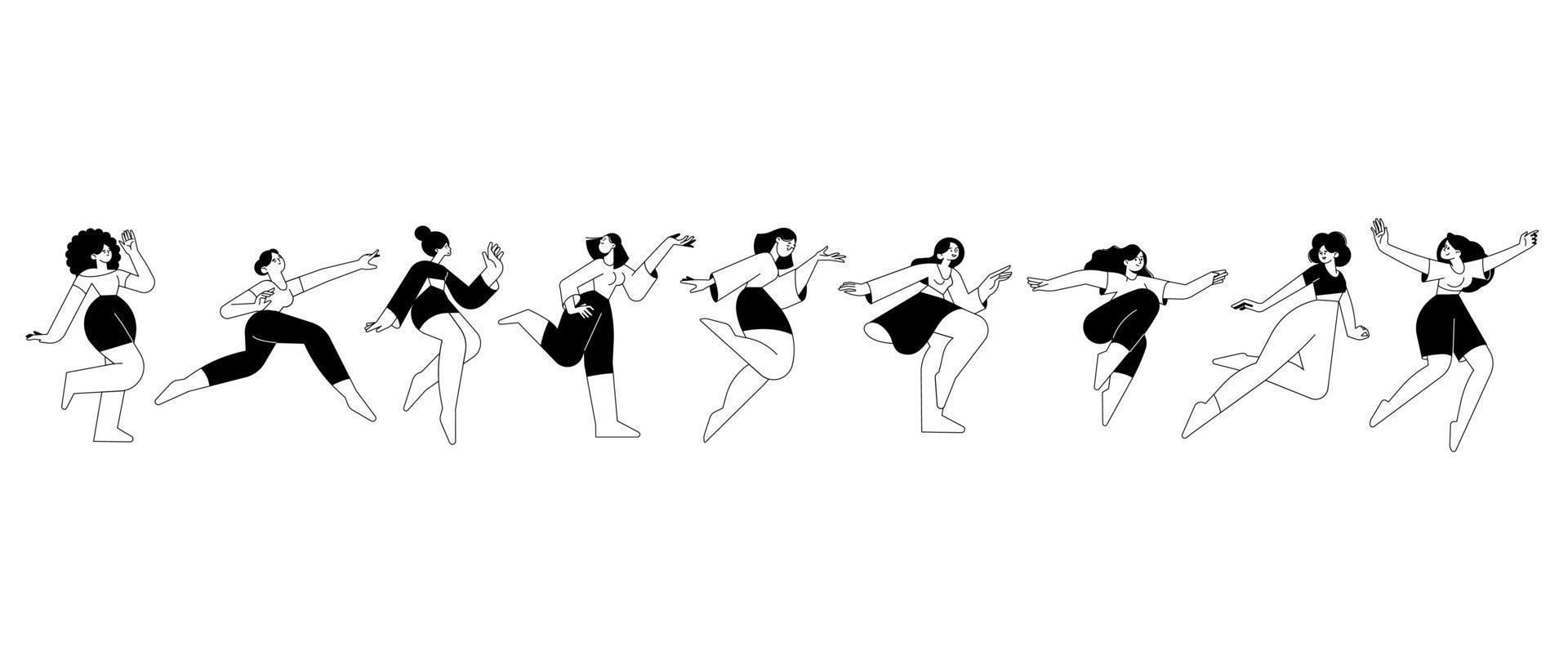 Set of line style design of women in different poses and movements, running, dancing, jumping, exercising. Vector illustrations of freedom, happiness, enjoyment of life for graphic and web design.