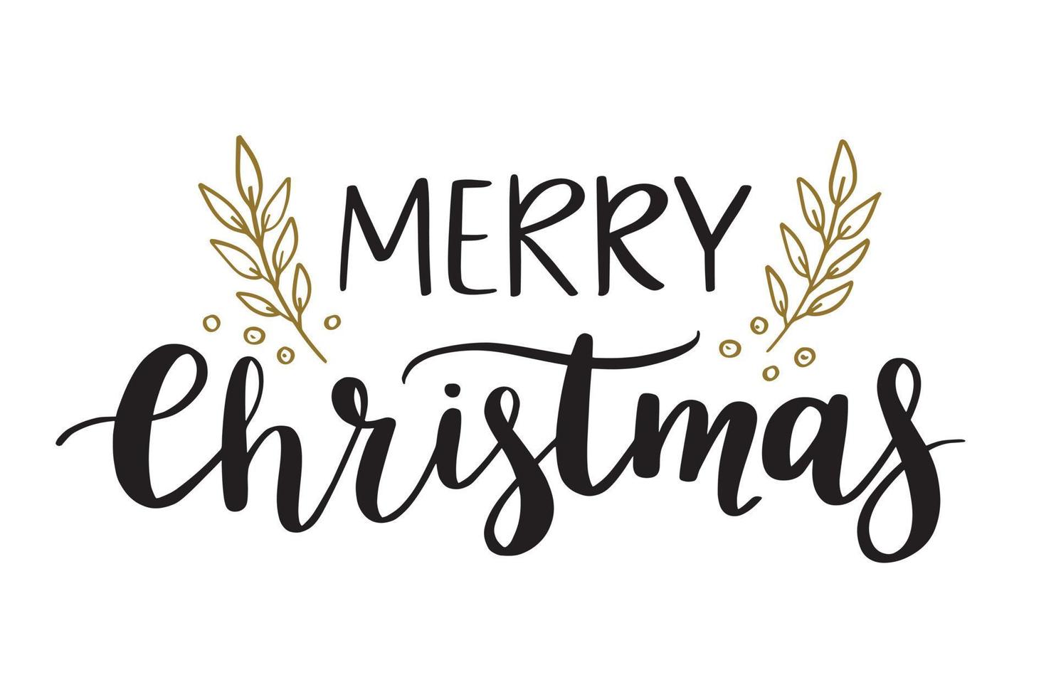 Merry Christmas text. Brush script vector hand lettering calligraphy with hand drawn branches. Christmas card.