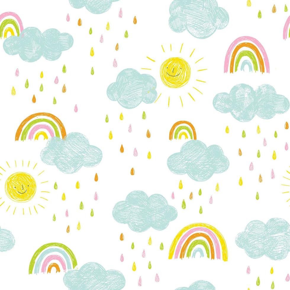 Doodle kids pattern with clouds, rain drops and rainbows. Cute hand drawn seamless background in blue, pink, yellow and orange. vector