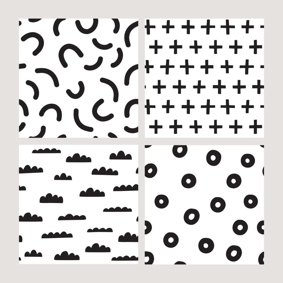 Vector seamless patterns set. Hand drawn abstract geometric backgrounds. Trendy graphic textures with lines, curves, dots, clouds, pluses.