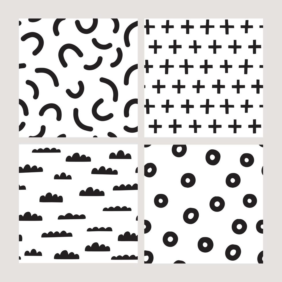 conjunto de patrones sin costura vectorial. fondos geométricos abstractos dibujados a mano. texturas gráficas de moda con líneas, curvas, puntos, nubes, ventajas. vector