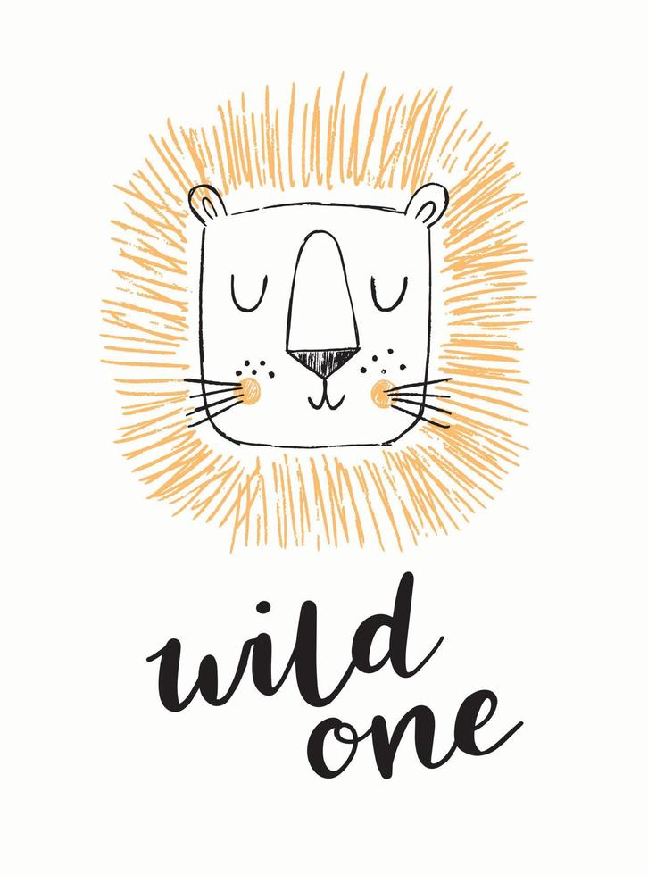 Cute hand drawn lion head with wild one phrase. Modern brush script. Doodle animal vector illustration.
