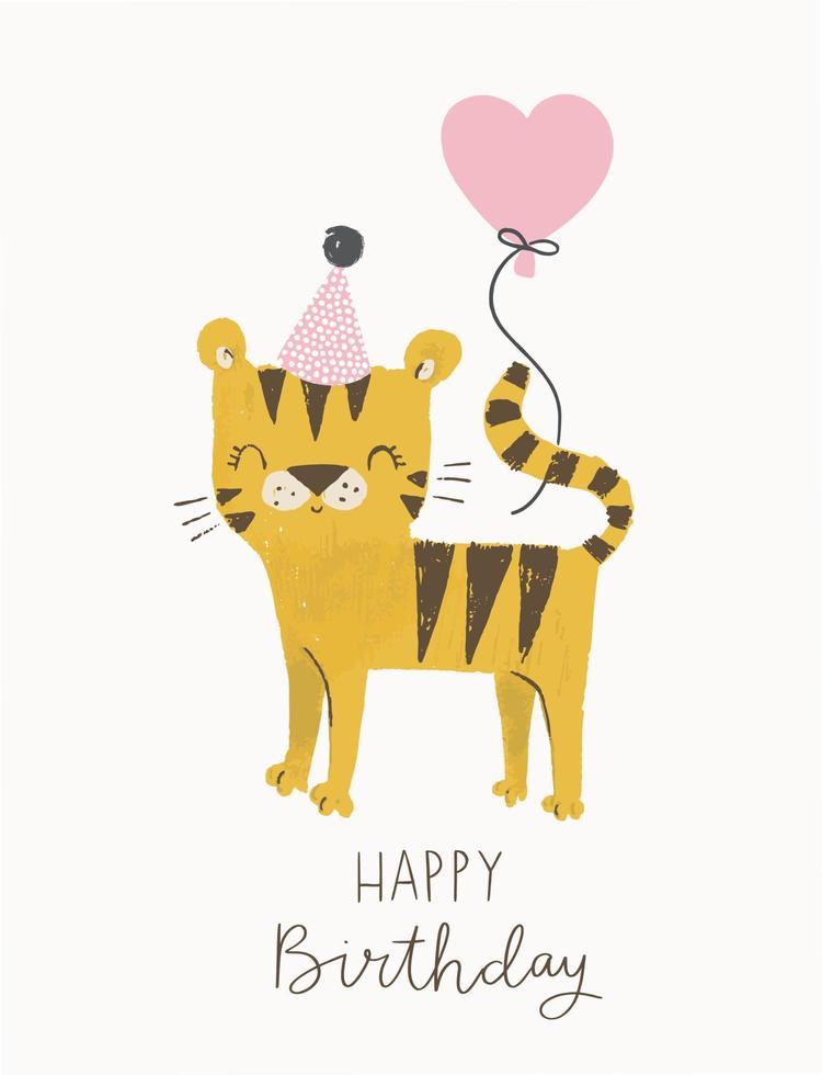 lindo tigre de cumpleaños con un gorro de fiesta y un globo. divertida ilustración vectorial de tigre de dibujos animados para la fiesta de la jungla, tarjetas de cumpleaños, invitaciones, afiche de guardería, impresión de arte y ropa de bebé. vector