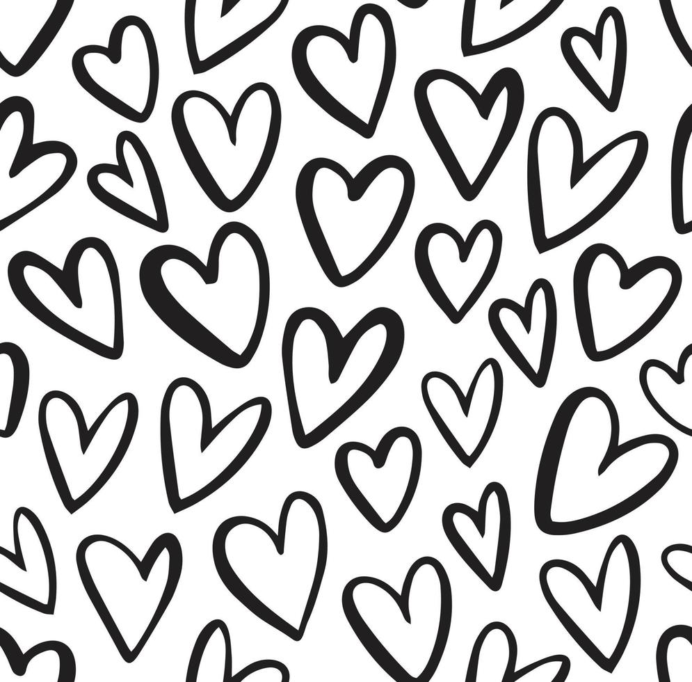Heart vector pattern. Doodle hand drawn hearts seamless background. Ink illustration. Black and white.