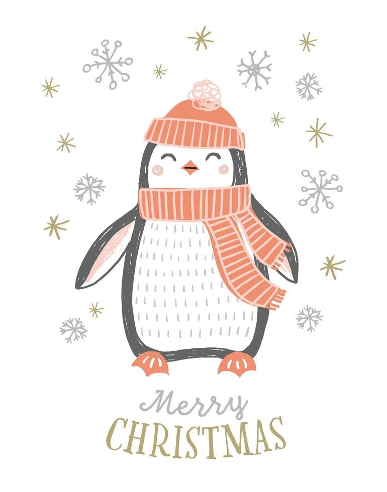 Christmas penguin vector illustration. Cute hand drawn penguin in winter hat and scarf with snowflakes. Merry Christmas greeting card design.