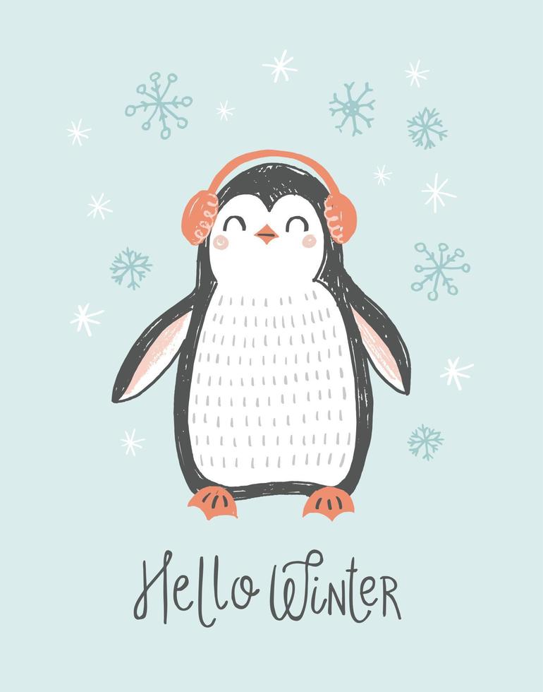 Cute penguin character vector illustration. Christmas hand drawn penguin in winter earmuffs with snowflakes. Winter holiday greeting card design.