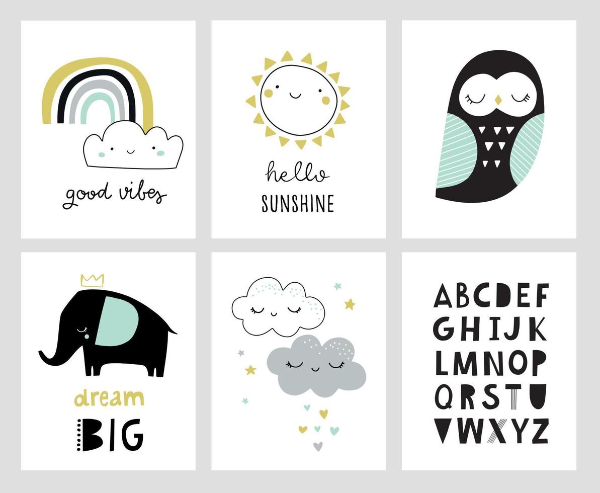 Cute nursery posters for baby room, cute animals, alphabet and quotes. Owl, elephant, sun, clouds, Hand drawn vector illustration for prints, cards, apparel.