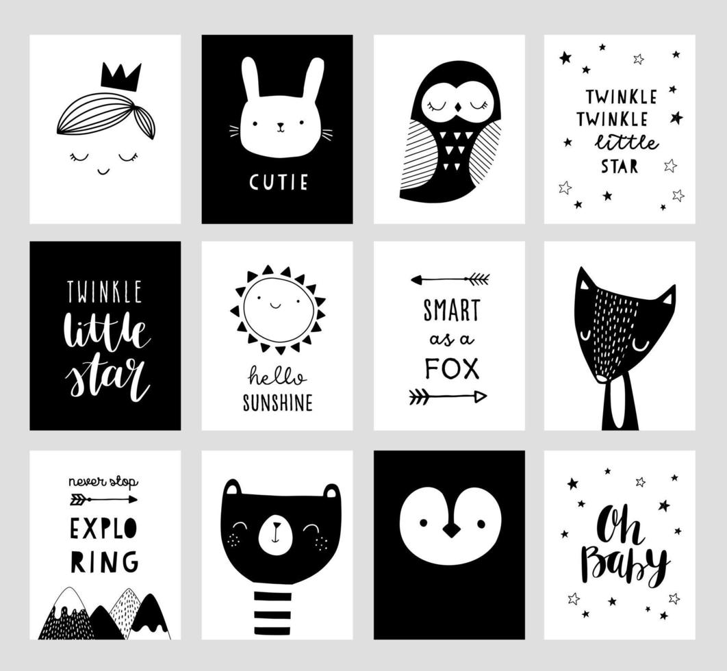 Big set of nursery posters in scandinavian style with hand lettering. Cute hand drawn illustration for baby shower invitation, greeting card. Fox, bear, moon, owl, bunny, penguin. vector