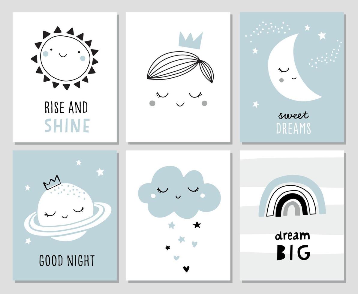 juego de tarjetas para niños con lindas ilustraciones y letras. perfecto para carteles de guardería. sol, nube, cielo nocturno, arco iris, príncipe. vector