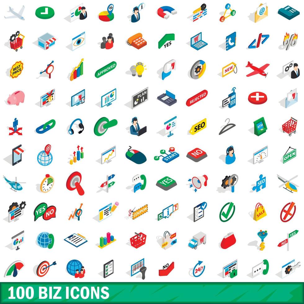 100 iconos de negocios establecidos, estilo 3D isométrica vector