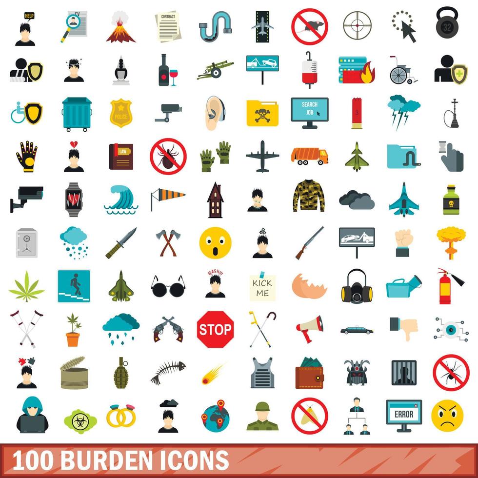 100 burden icons set, flat style vector