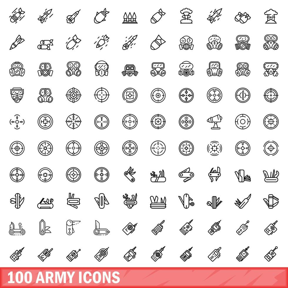 100 army icons set, outline style vector