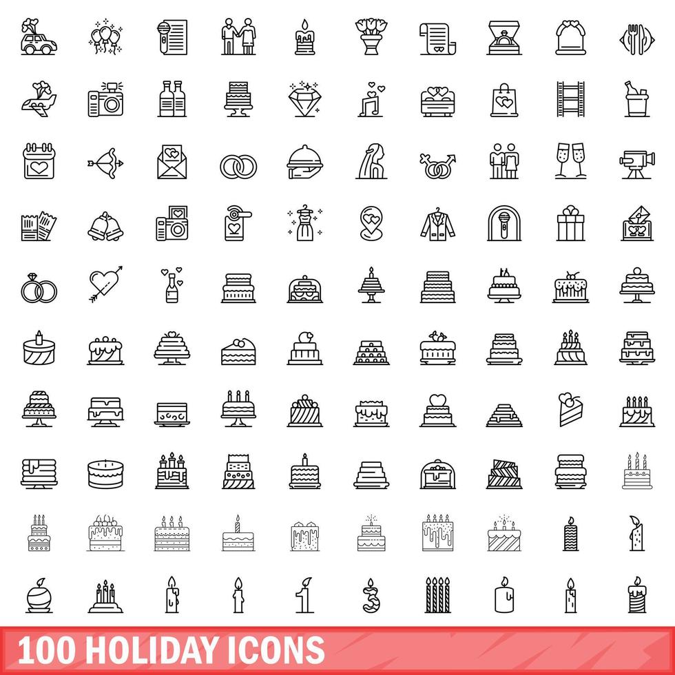 100 holiday icons set, outline style vector