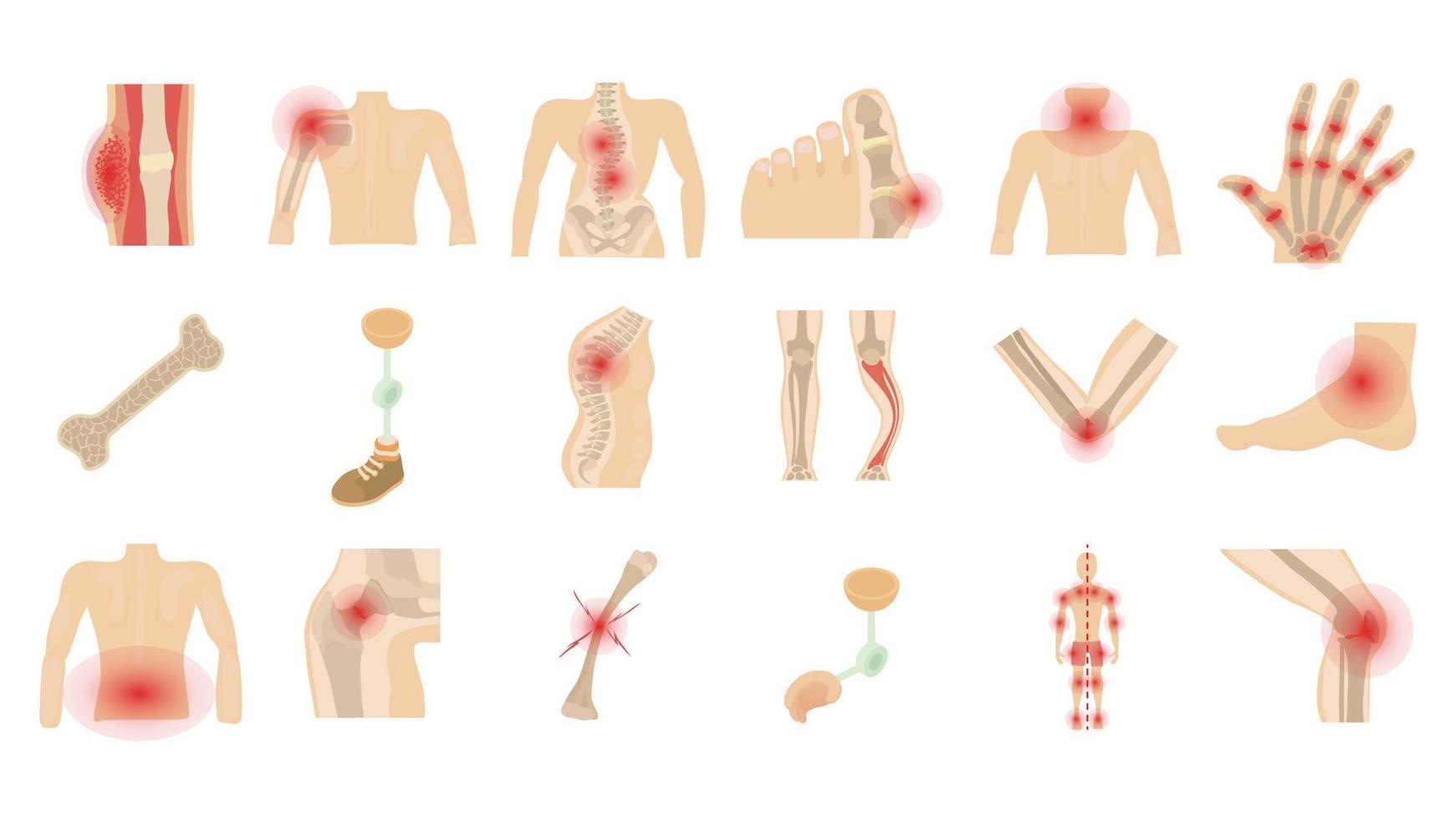 Human bones icon set, cartoon style vector