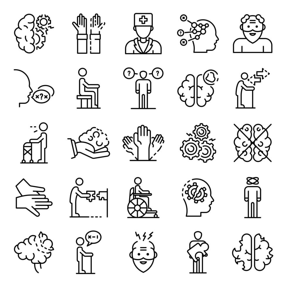 Alzheimers disease icons set, outline style vector