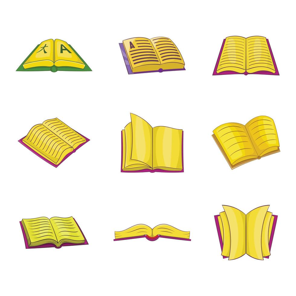 Open book icon set, cartoon style vector