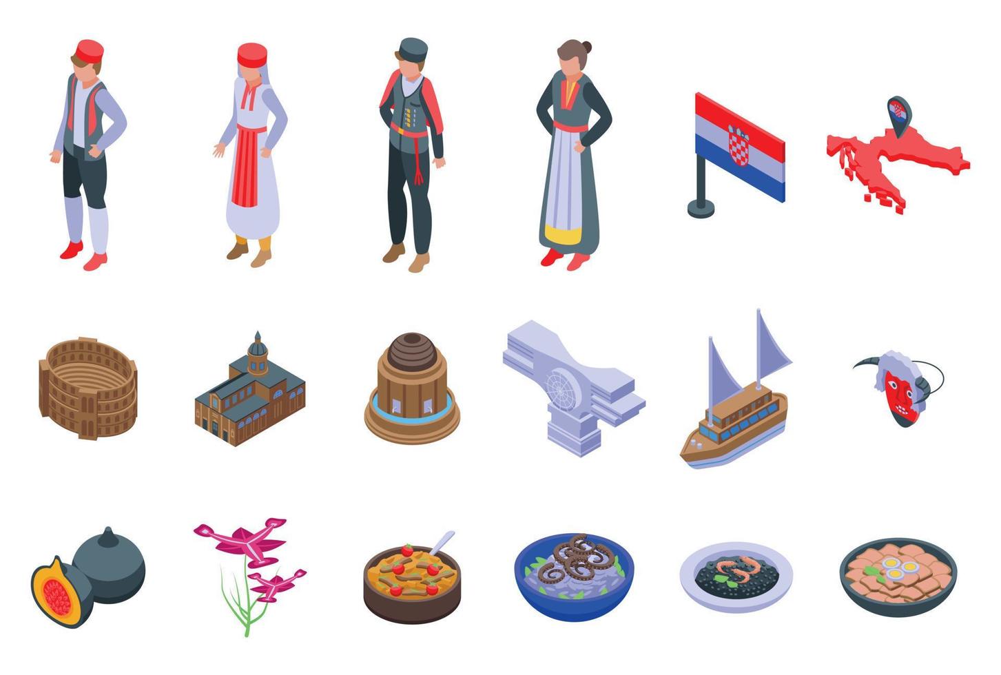 Croatia icons set isometric vector. Split zagreb vector