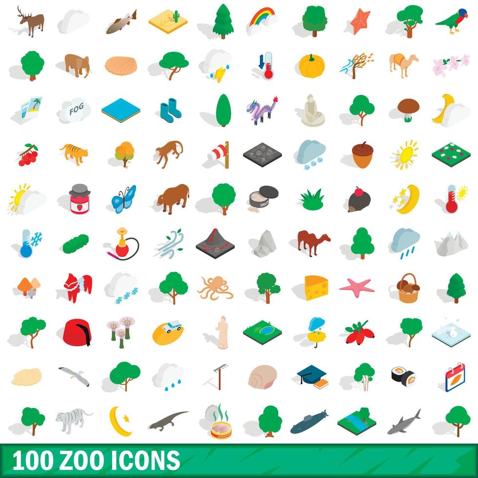 100 zoo icons set, isometric 3d style vector