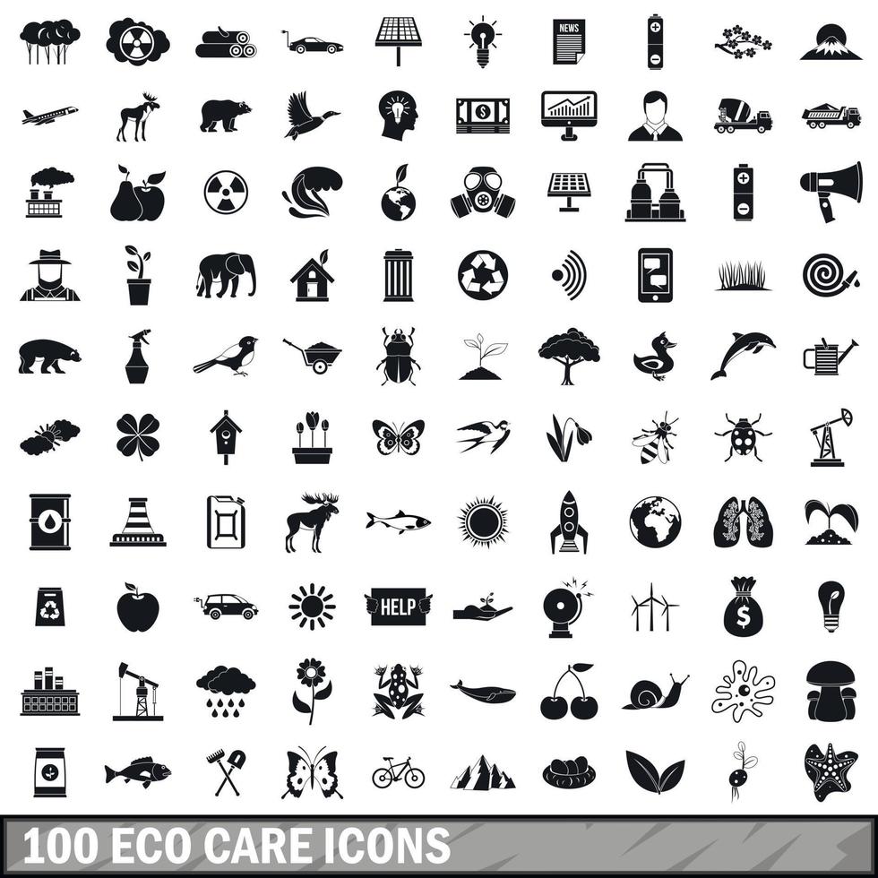 100 iconos de cuidado ecológico establecidos en estilo simple vector