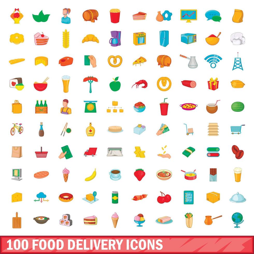 100 food delivery icons set, cartoon style vector