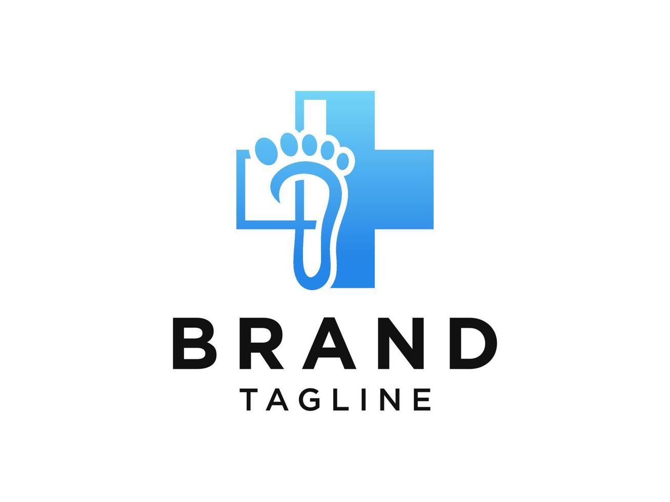 Foot Care Medical Logo. Blue Gradient Cross Sign with Negative Space Footprint inside isolated on White Background. Flat Vector Logo Design Template Element.