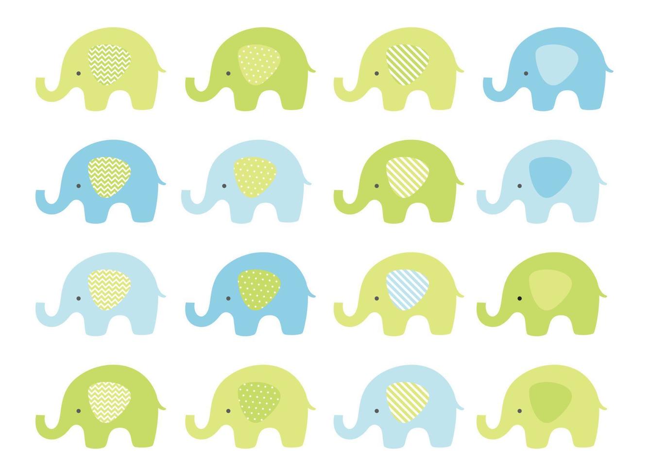 Cute baby elephant set. Vector elephants with patterned ears. Blue and Green.