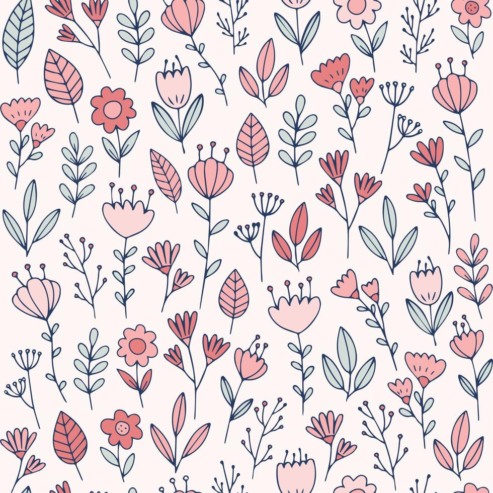 Hand drawn floral vector pattern. Spring feminine seamless background in doodle style.