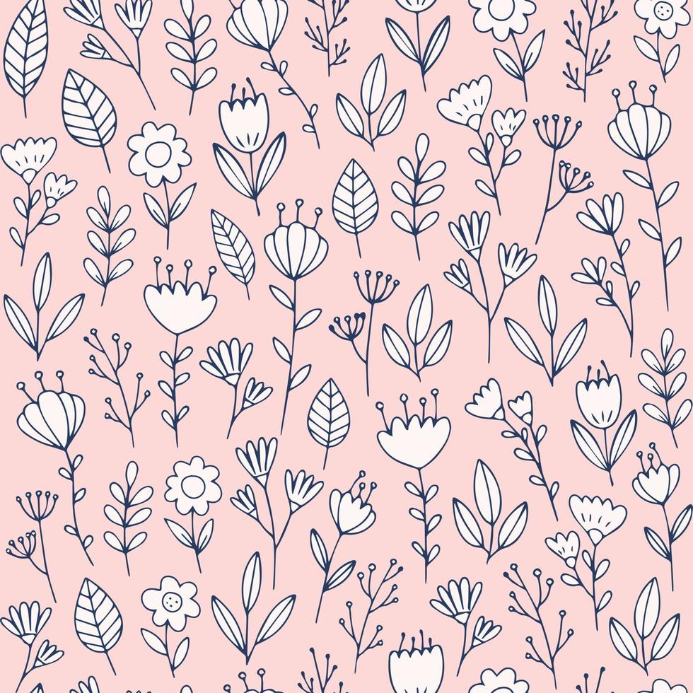 Doodle floral pattern. Cute vector seamless background with hand drawn linear flowers and leaves.