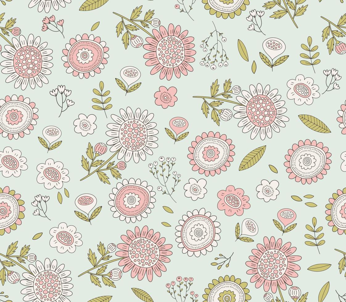 Hand drawn floral vector pattern. Cute doodle spring background with flowers, leaves and branches.