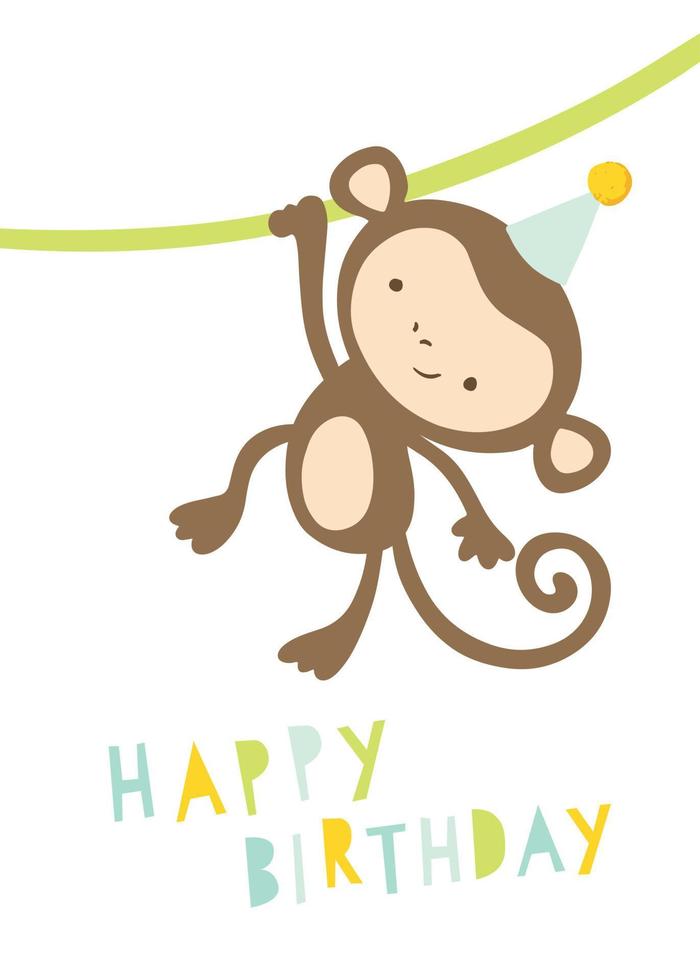 Happy birthday card with cute monkey in a party hat. Birthday party invitation with jungle animal theme. Kids, children. vector