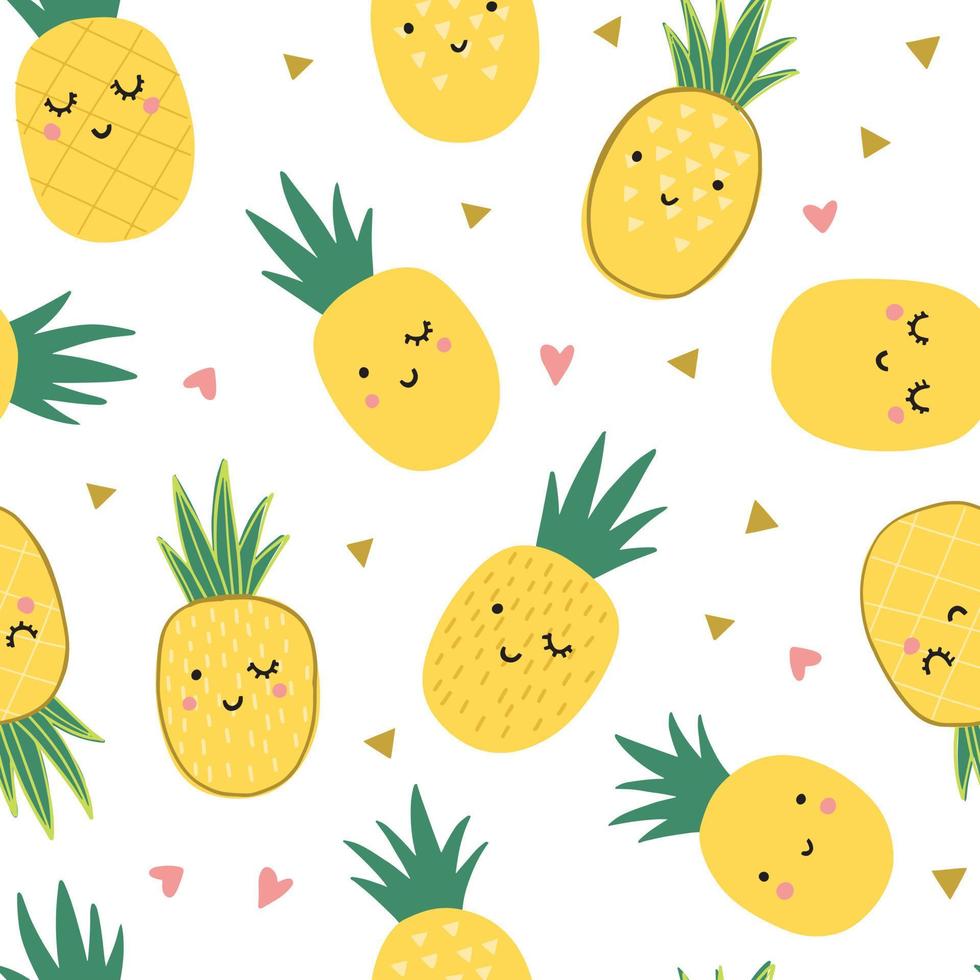 Seamless pineapple pattern with hearts and traingles. Cute funny smiling pineapple background print. Childish summer tropical illustration. vector