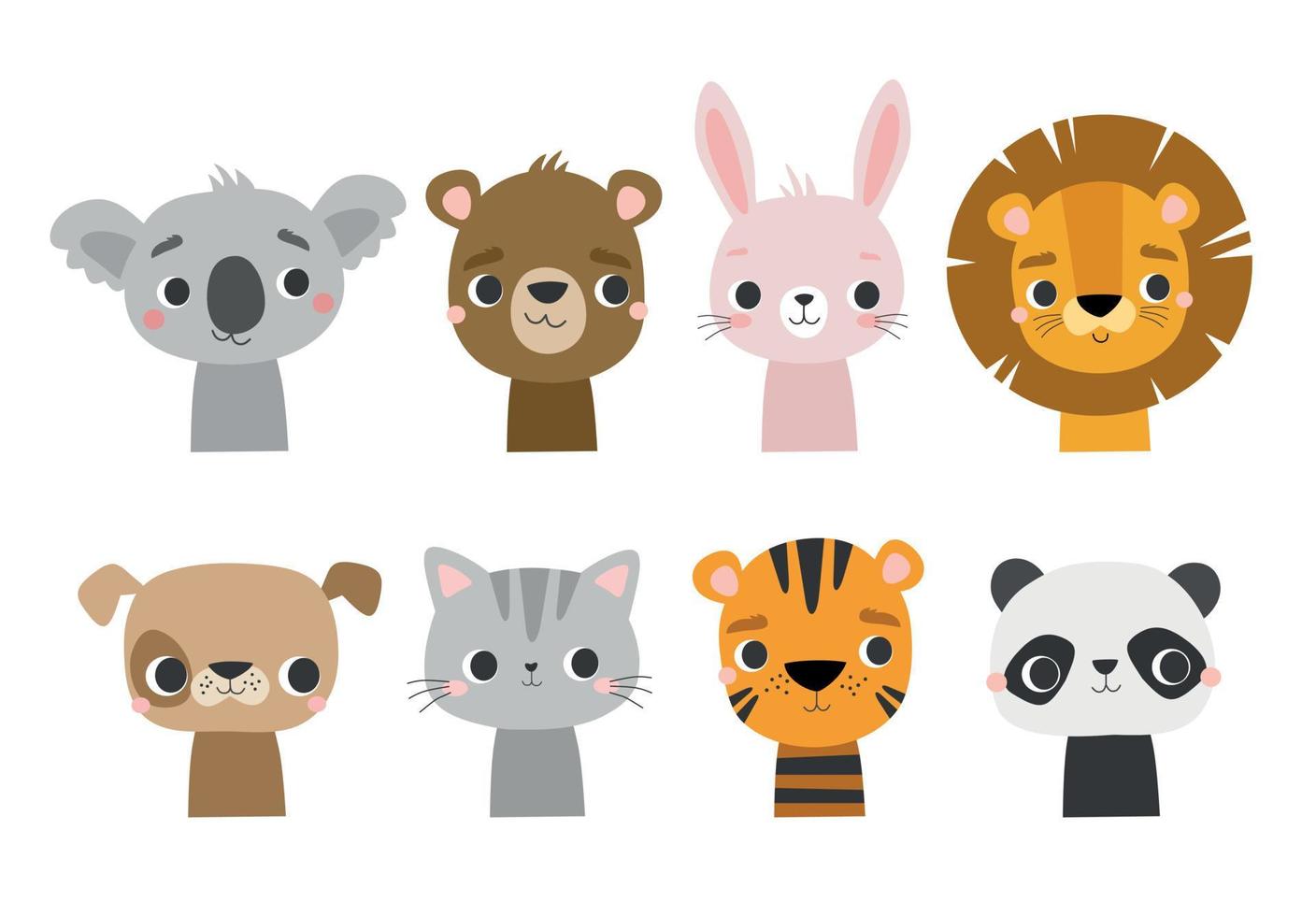 caras de animales lindos de dibujos animados para tarjeta de bebé, afiche, guardería, ropa, invitación. ilustración vectorial koala, león, perro, conejito, oso, panda, tigre, gato. vector