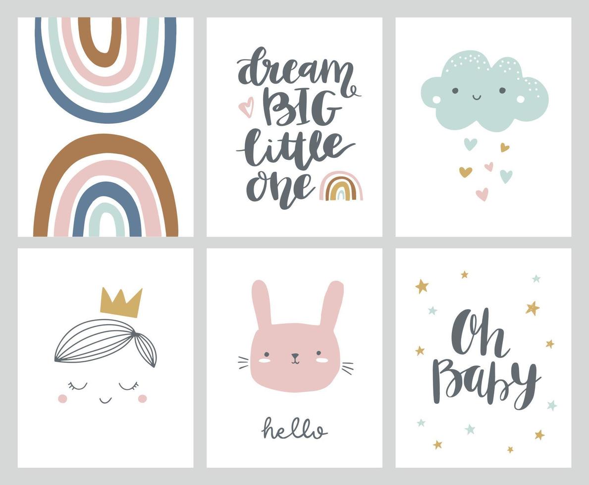 Nursery or kids posters in scandinavian style with hand drawn lettering. Cute hand drawn illustration for baby shower invitation, greeting card. Rainbow, cloud, bunny, prince, dream big little one. vector