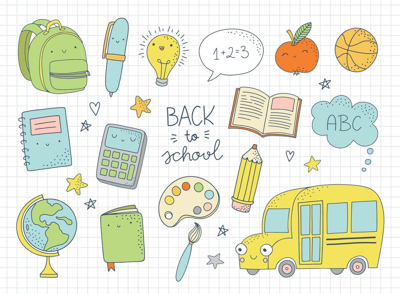 Cute school icons. Set of cartoon characters of school, education and art supplies items with happy faces. Back to School doodles. vector