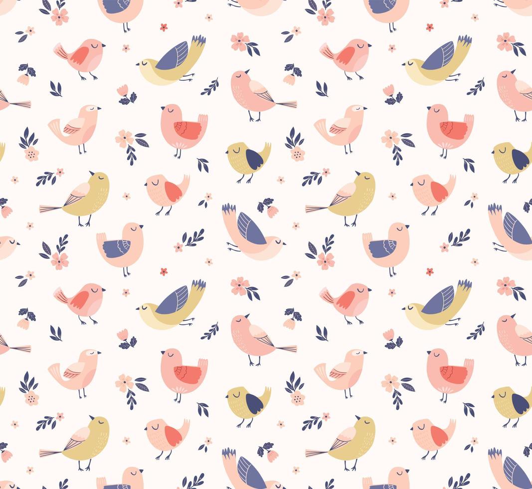 Cute vintage bird pattern with tiny flowers and leaves. Floral background with birds in pastel colors. Hand drawn childish seamless print. Vector illustration.