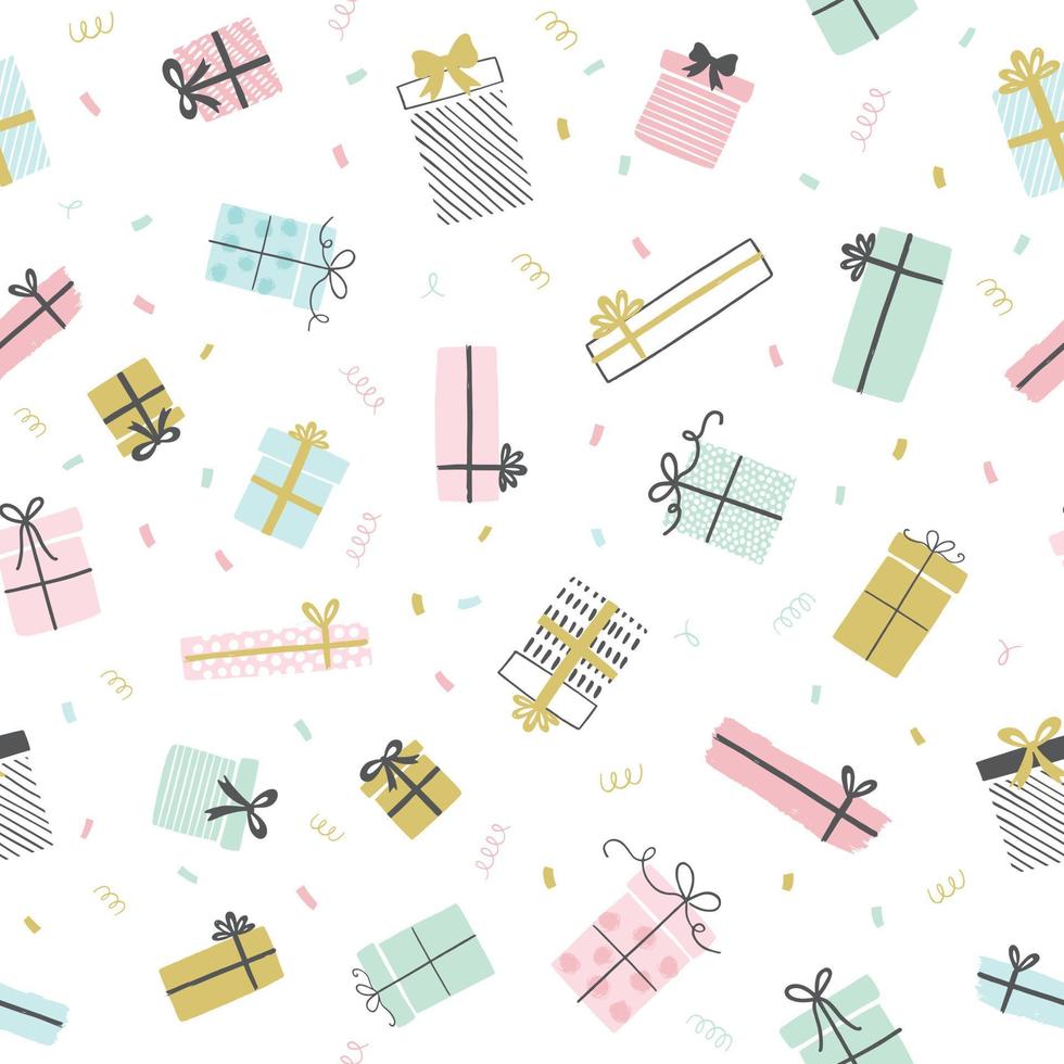 Gift boxes vector pattern in hand drawn doodle style with confetti. Seamless background with presents for birthday party. Illustration for greeting cards, invitations, posters.