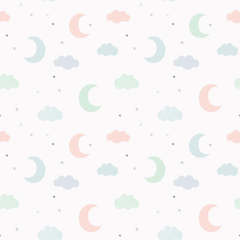 Night sky vector pattern with hand drawn stars, clouds and moon. Cute seamless baby background in delicate pastel colors.