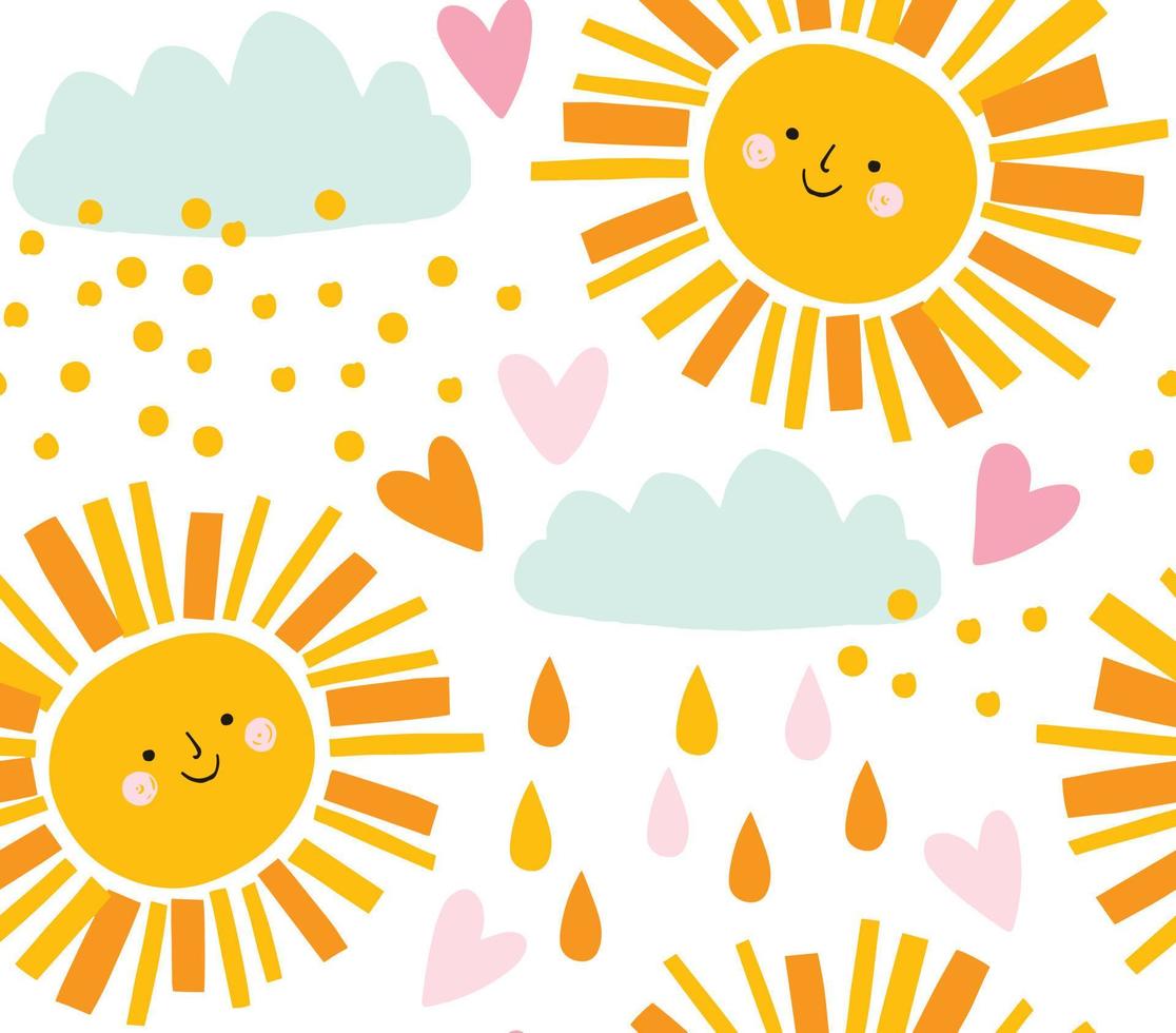 Cute smiling sun, clouds and raindrops vector pattern. Summer background. Funny design for kids and baby clothing.