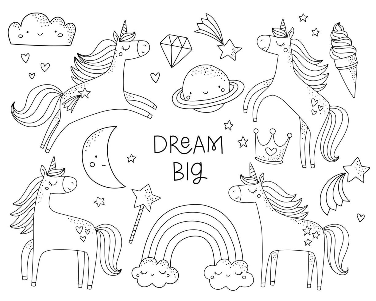 Cute unicorns coloring page. Cartoon unicorns and magical elements in black and white outlines. Vector illustration for girl birthday party, nursery posters.