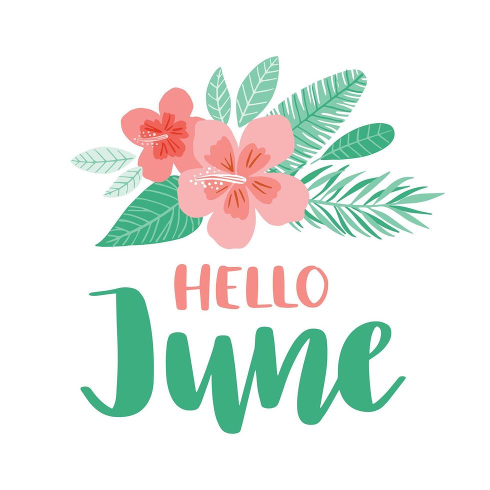 Hello June script brush lettering with tropical flowers and leaves. Handwritten modern calligraphy. Vector typography illustration. Design for calendar, greeting card, invitation, poster.